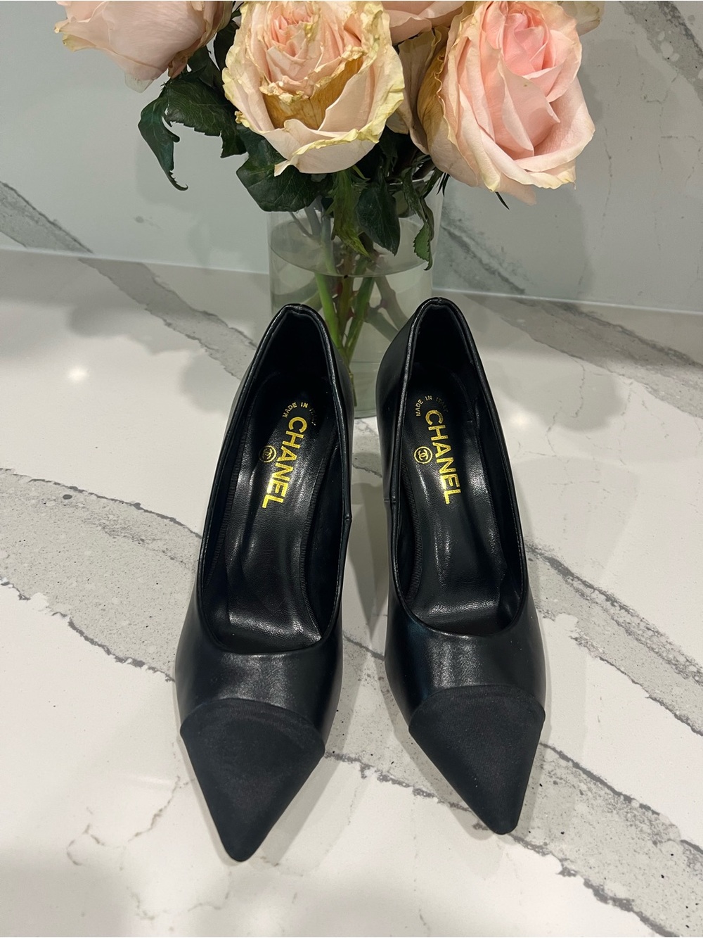CHANEL Black Leather Pointed Toe Pumps with Suede Cap